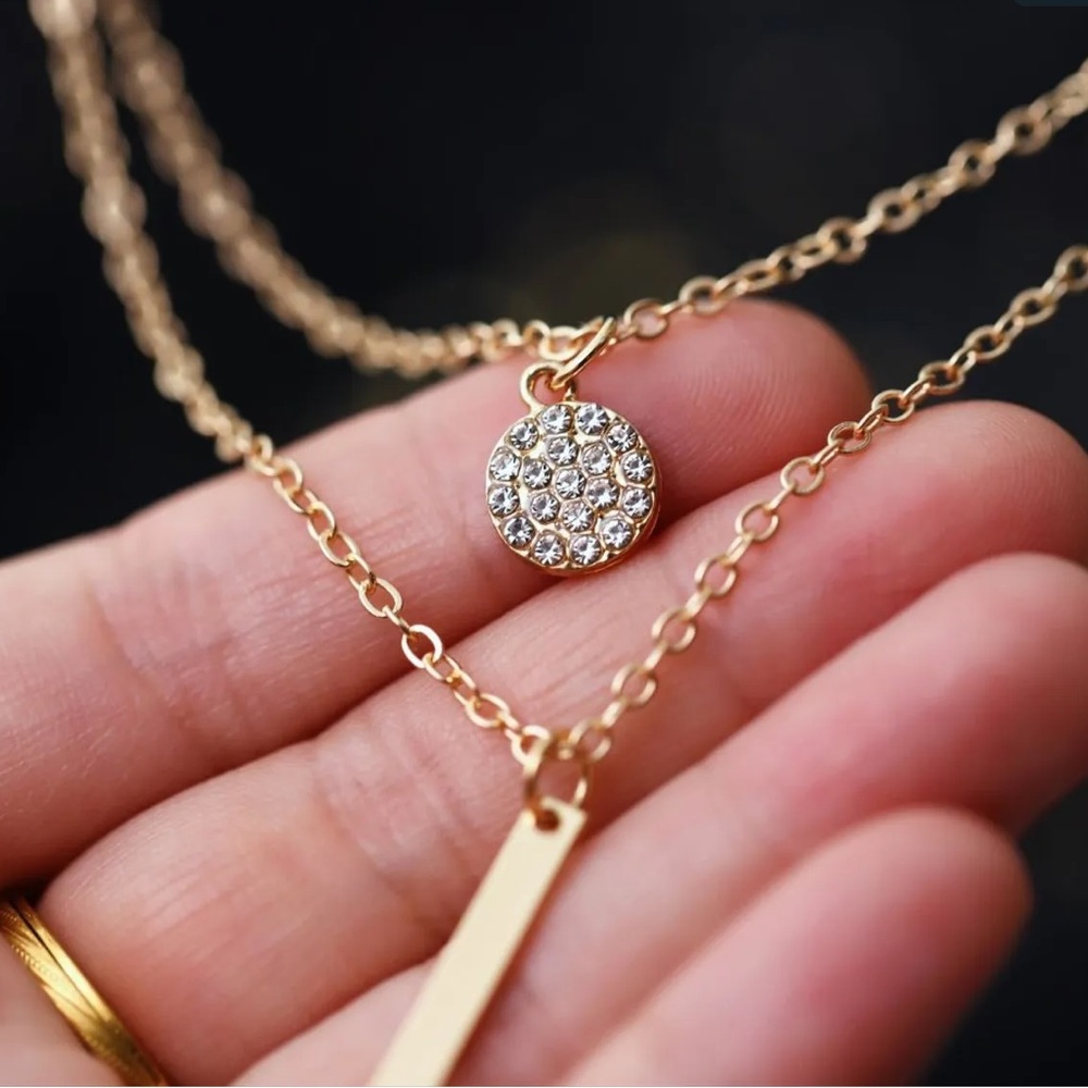Gold double layer rhinestone long pendant Necklace - Picture 2 of 5